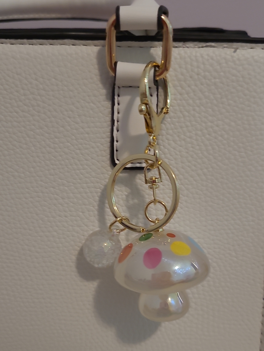 Pearlescent Mushroom Keychain Bag Charm in White with Multicolor Dots